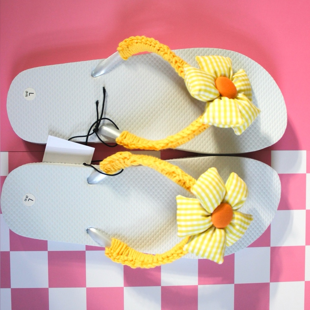 Yellow and White Flip Flops with Flower Accent